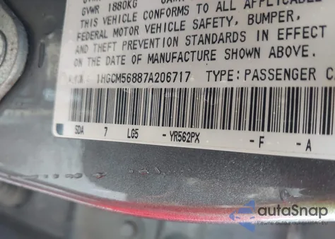 2007 Honda Accord 2.4 Ex из США, поврежденный, VIN 1HGCM56887A206717